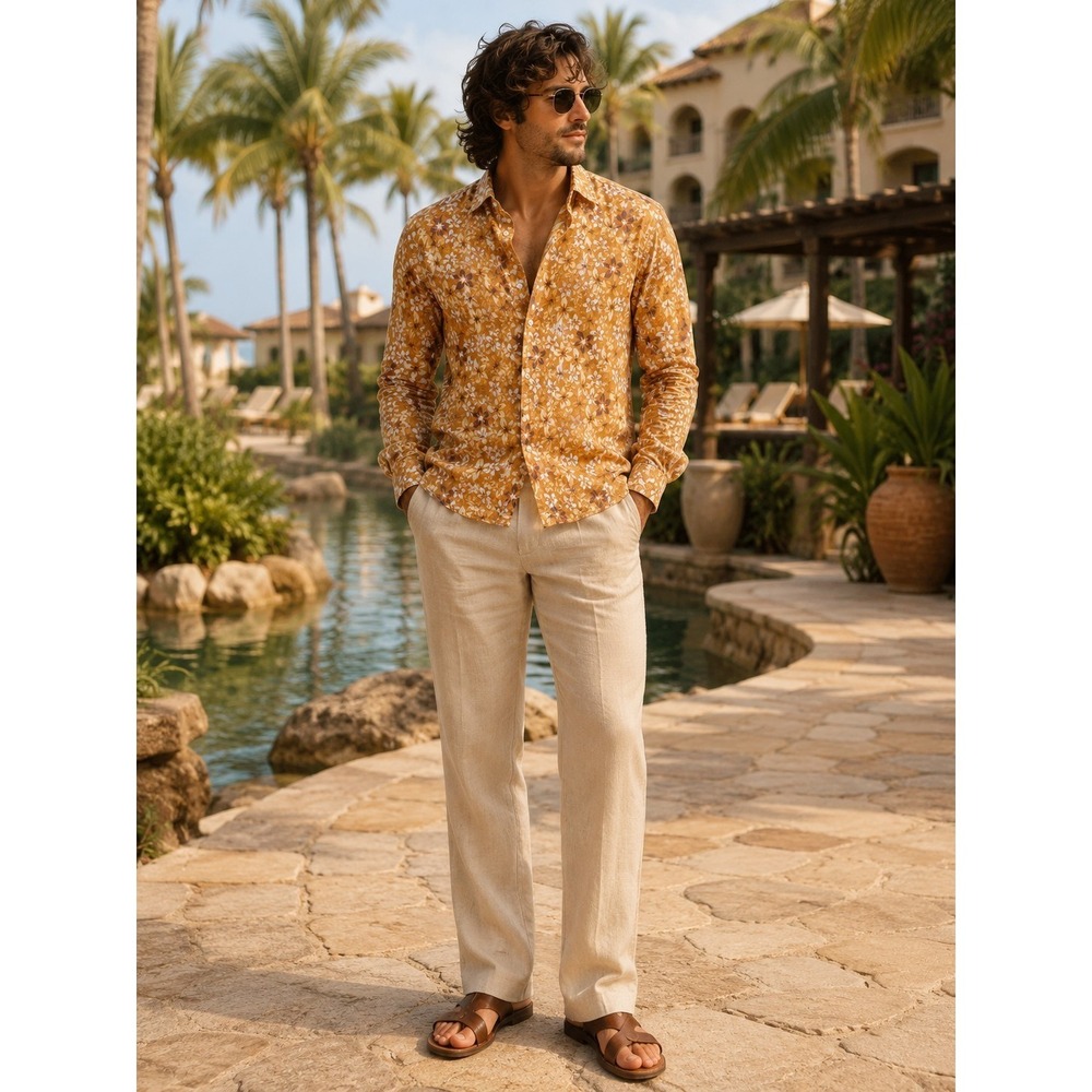 Luxury 100% Linen Mens Floral Button Down Orange Resort Vacation Club Room XXL